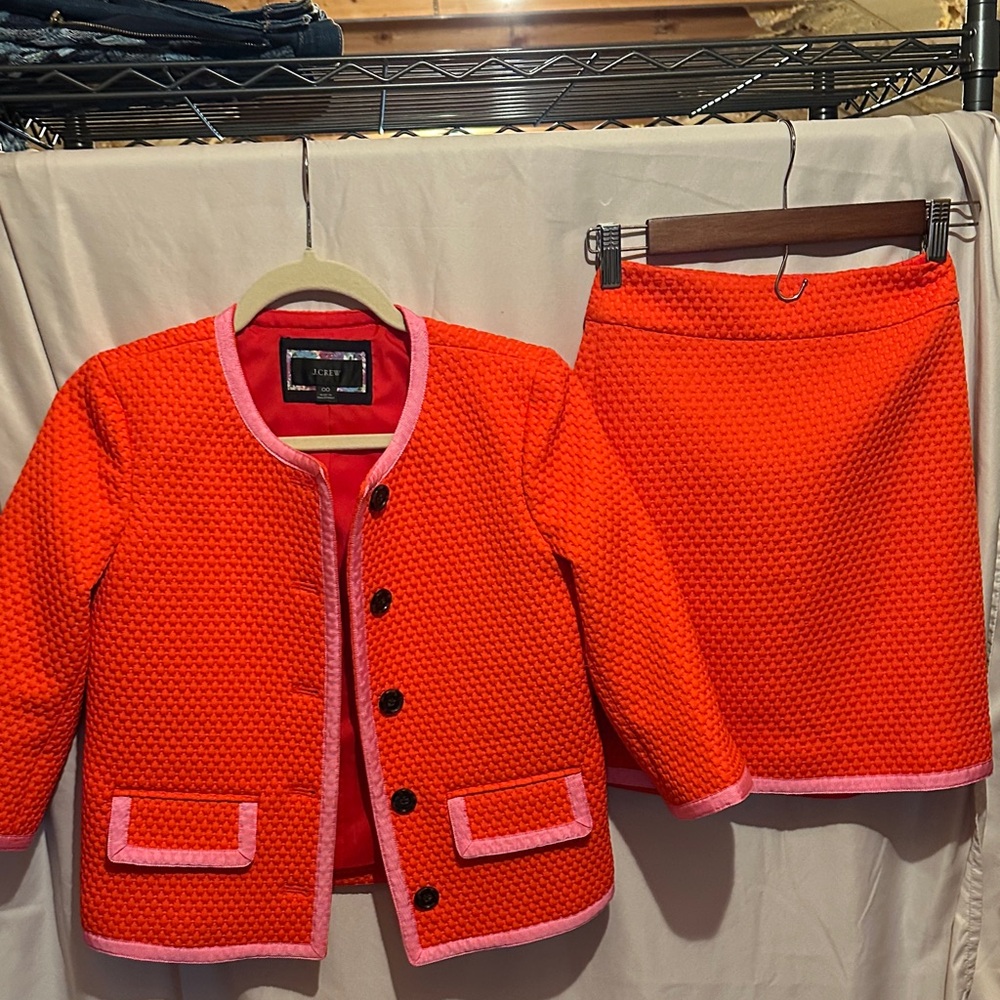 J. Crew orange with pink trim jacket/skirt set